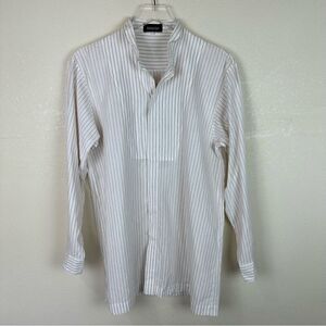 Eskandar White Stripe Button Down Band Cotton Blouse Long Sleeve Top